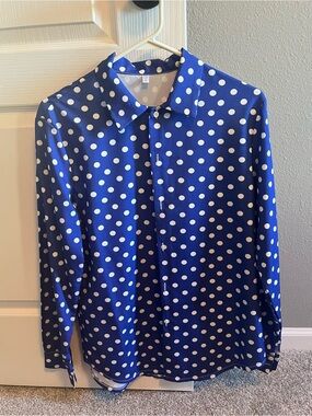 Amazon Royal Blue Polka Dot Button-Down Blouse with White Dots